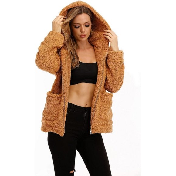 WOMENS Fleece Fuzzy Faux Hooded Warm Winter Oversized Jackets, Camel